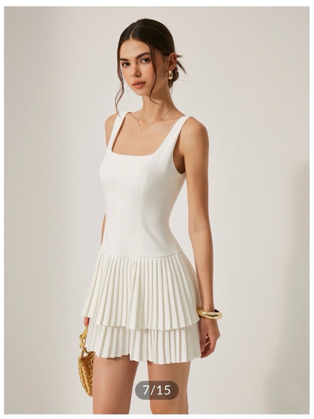 White Pleated Tiered Mini Dress - Picture 3 of 9